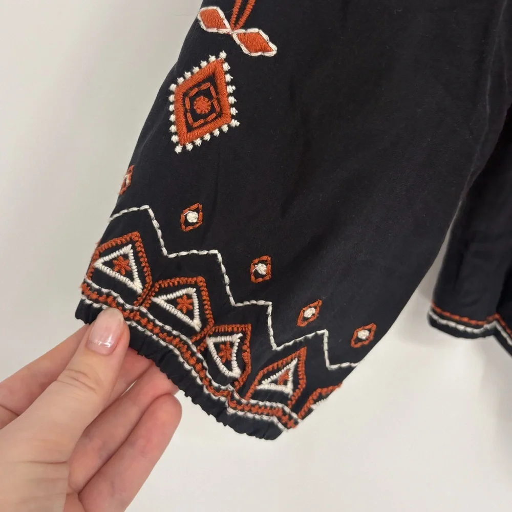 Tory Burch Jessie Black Silk Blouse with Orange Embroidery